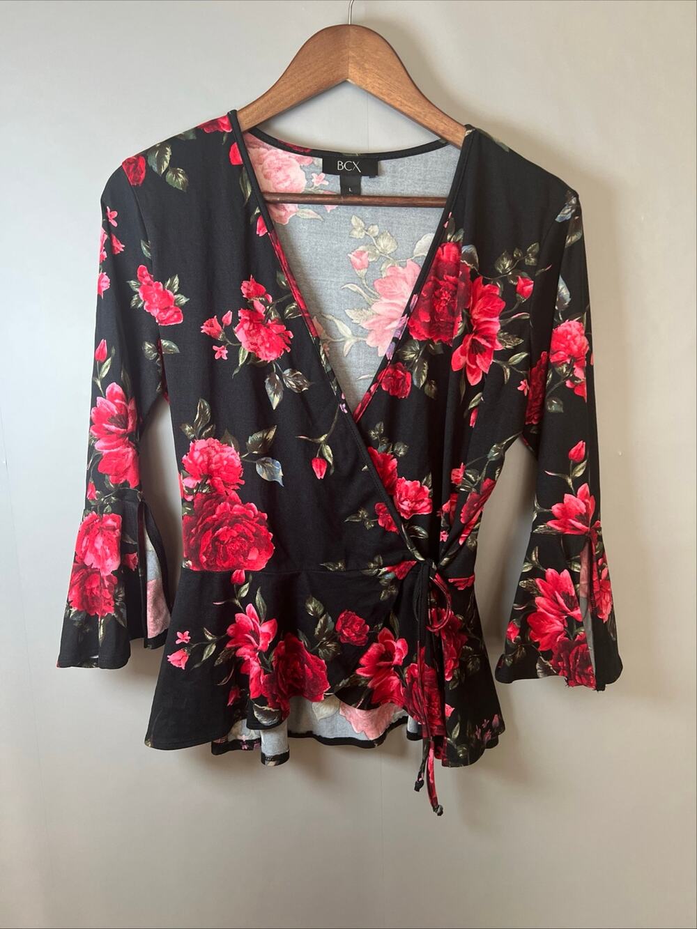 BCX Women's Lg Black and Red Floral Pattern Wrap Blouse Bell Sleeves Cottagecore